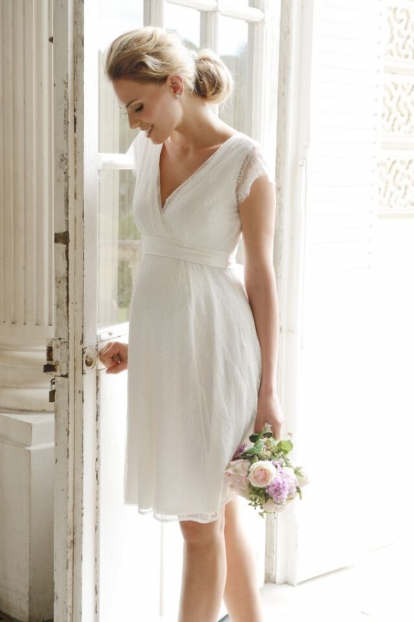 French lace shorrt maternity wedding dress in ivory