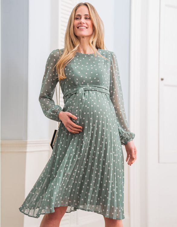 Adelade Chiffon Maternity & Nursing Dress in Sage Polka Dot - hautemama